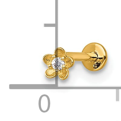 14K Yellow Gold 18 Gauge Polished and Satin CZ Flower Labret Stud