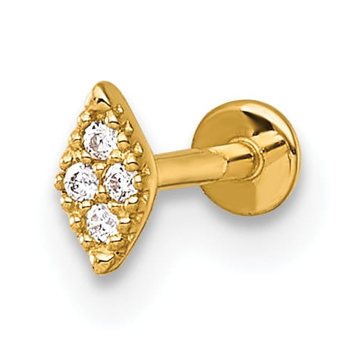 14K Yellow Gold 18 Gauge Polished and Textured CZ Navette Labret Stud