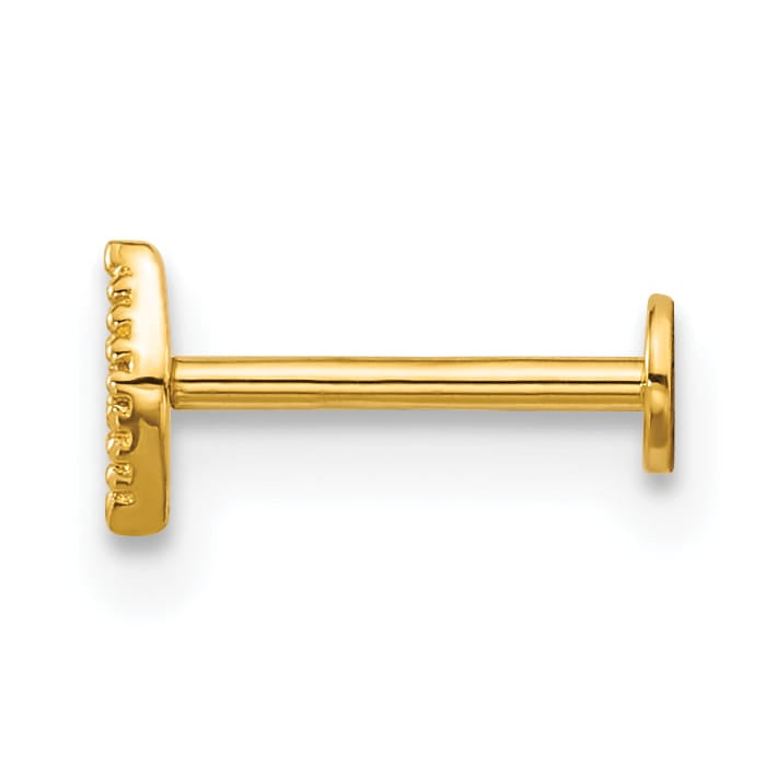 14K Yellow Gold 18 Gauge Polished and Textured CZ Navette Labret Stud