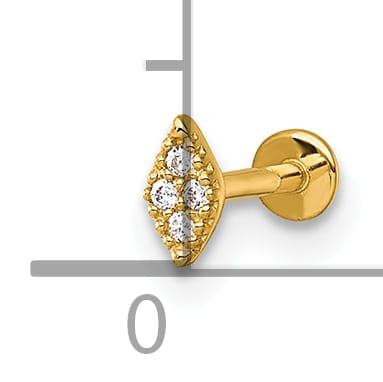 14K Yellow Gold 18 Gauge Polished and Textured CZ Navette Labret Stud