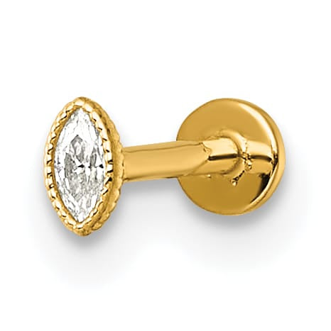 14K Yellow Gold 18 Gauge Polished and Textured Marquise CZ Labret Stud