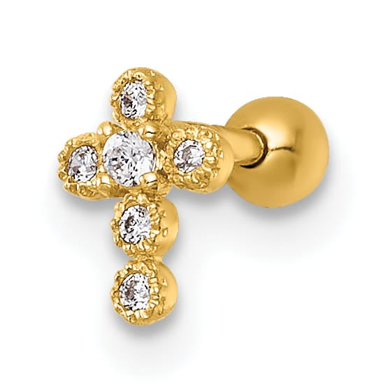14K Yellow Gold 18 Gauge Polished CZ Cross Labret Stud