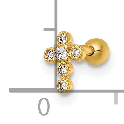 14K Yellow Gold 18 Gauge Polished CZ Cross Labret Stud