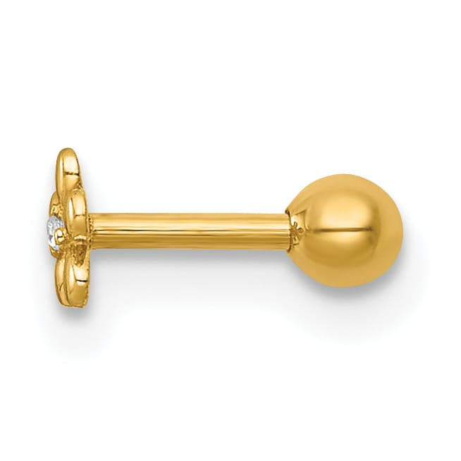14K Yellow Gold 18 Gauge Polished CZ Flower Labret Stud