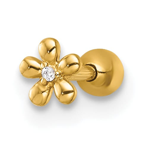 14K Yellow Gold 18 Gauge Polished CZ Flower Labret Stud
