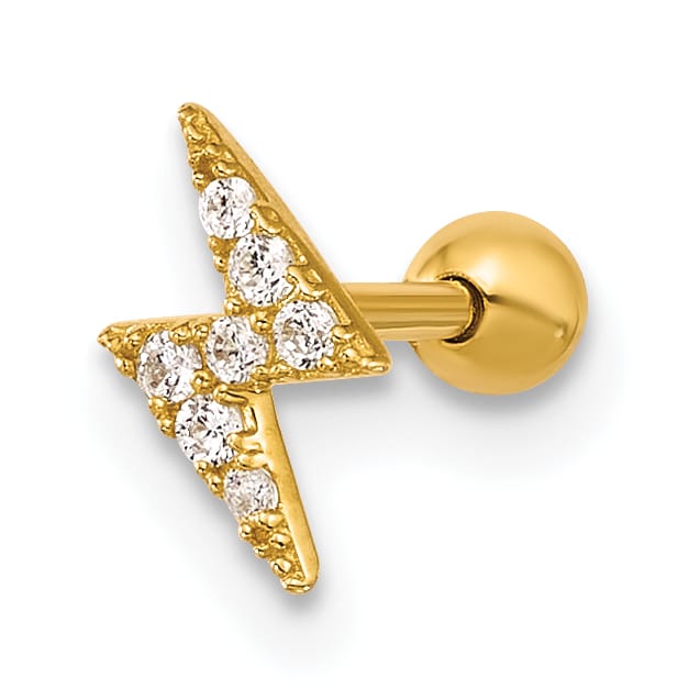 14K Yellow Gold 18 Gauge Polished CZ Lightning Bolt Labret Stud