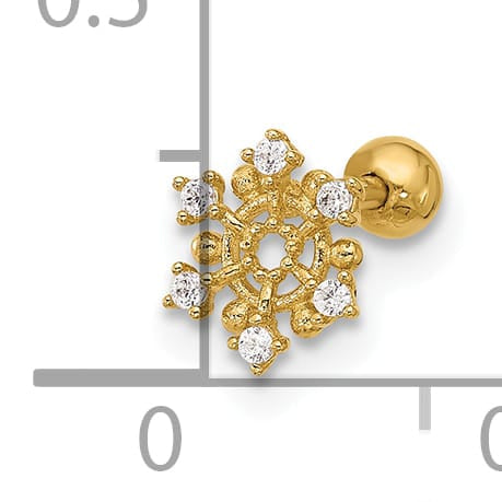 14K Yellow Gold 18 Gauge Polished CZ Snowflake Cartilage Stud