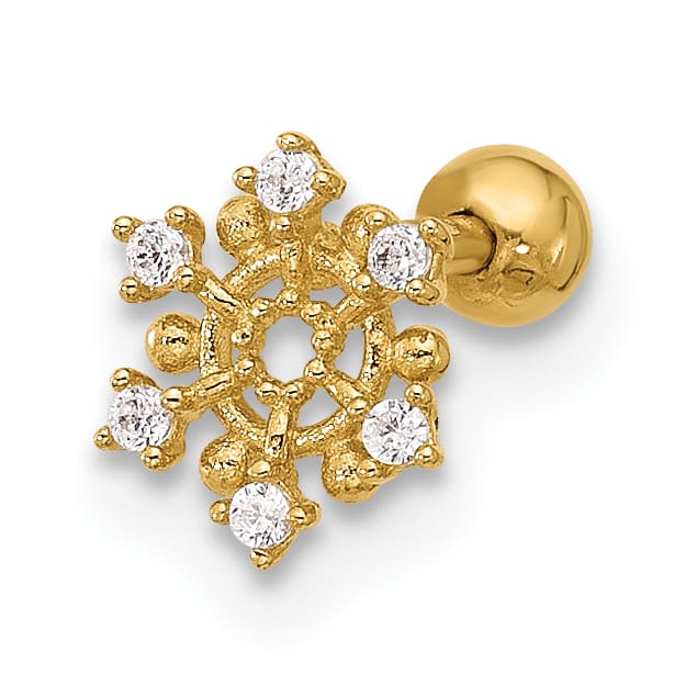 14K Yellow Gold 18 Gauge Polished CZ Snowflake Cartilage Stud