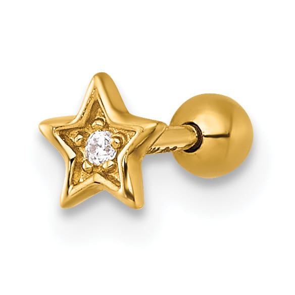 14K Yellow Gold 18 Gauge Polished CZ Star Labret Stud