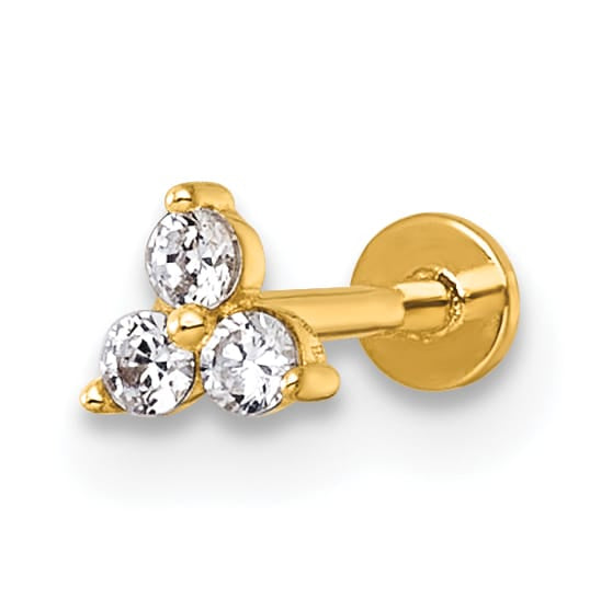 14K Yellow Gold 18 Gauge Polished Triple Round CZ Labret Stud