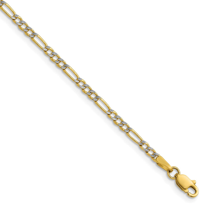14K Yellow Gold 2.3mm Semi-solid with Rhodium Pave Figaro Bracelet