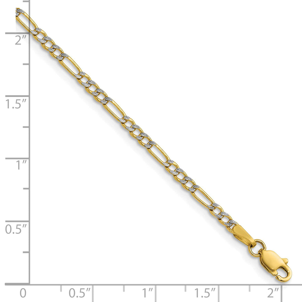 14K Yellow Gold 2.3mm Semi-solid with Rhodium Pave Figaro Bracelet