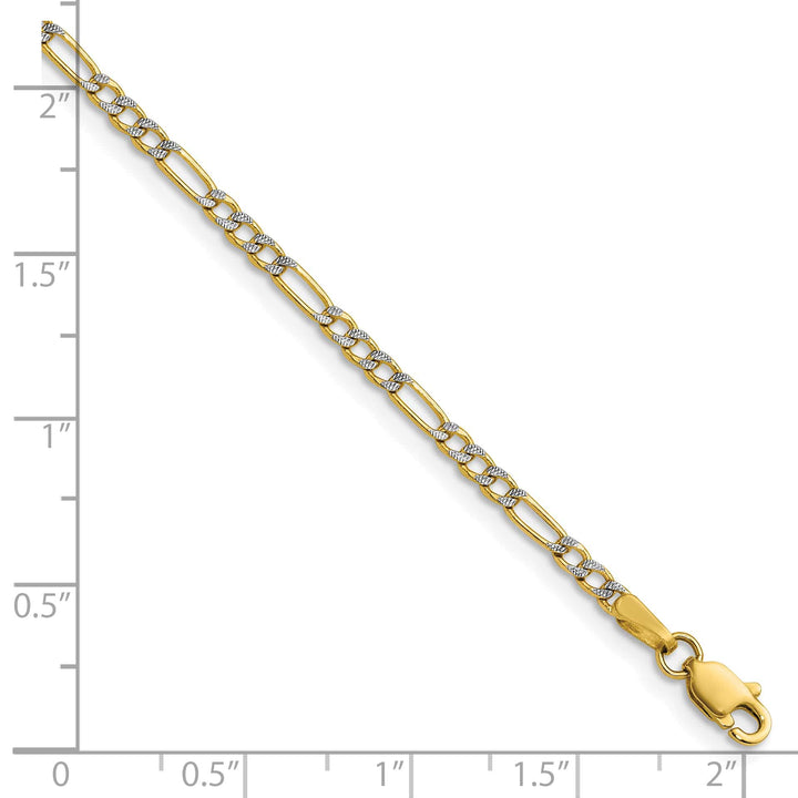 14K Yellow Gold 2.3mm Semi-solid with Rhodium Pave Figaro Bracelet