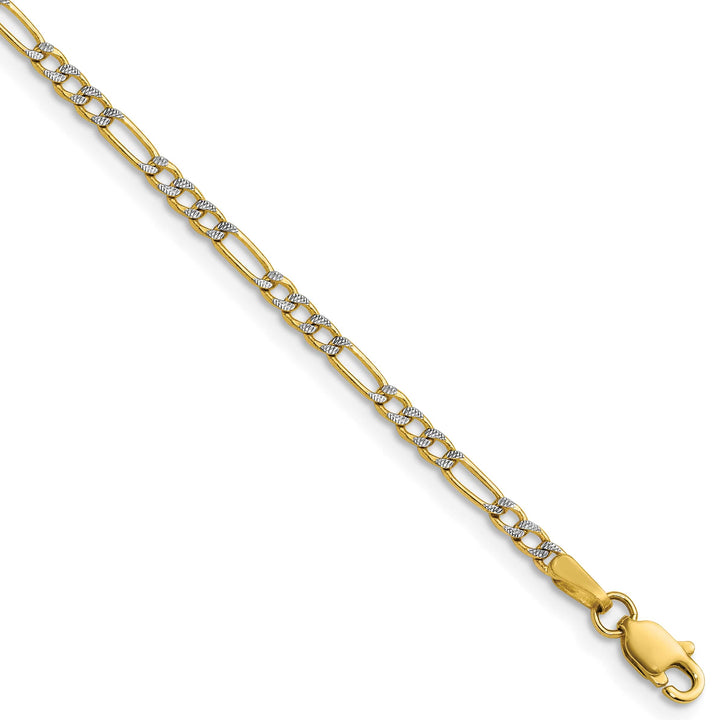 14K Yellow Gold 2.3mm Semi-solid with Rhodium Pave Figaro Chain