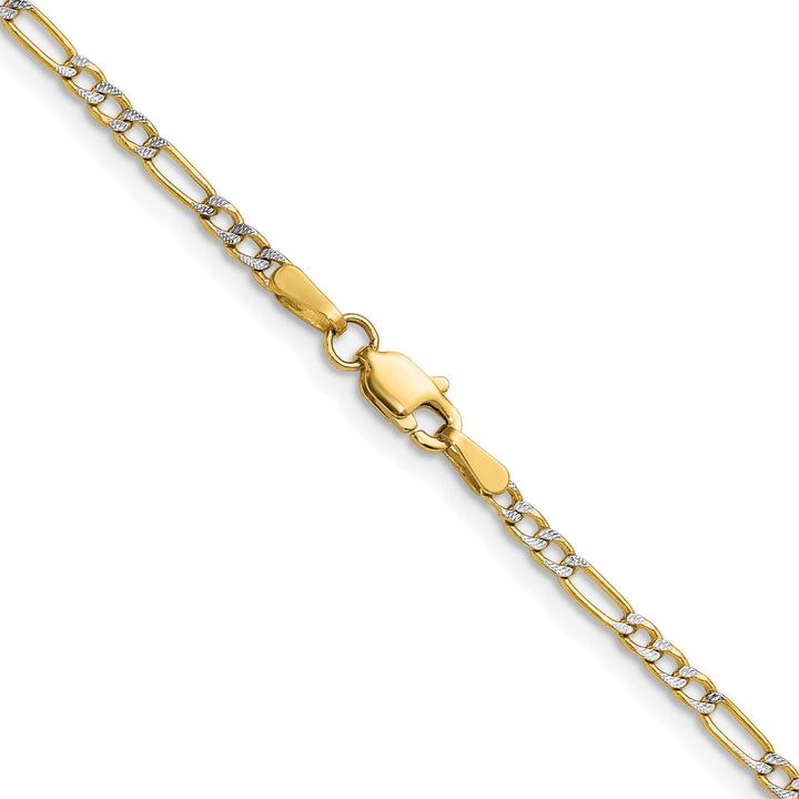 14K Yellow Gold 2.3mm Semi-solid with Rhodium Pave Figaro Chain