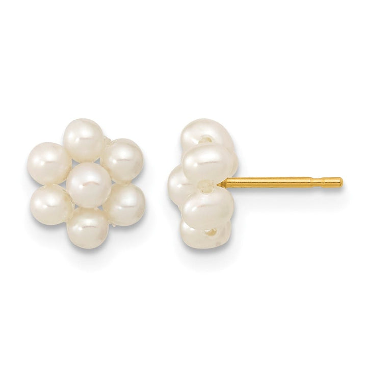 14K Yellow Gold 2-3mm White Button Freshwater Pearl Flower Earrings