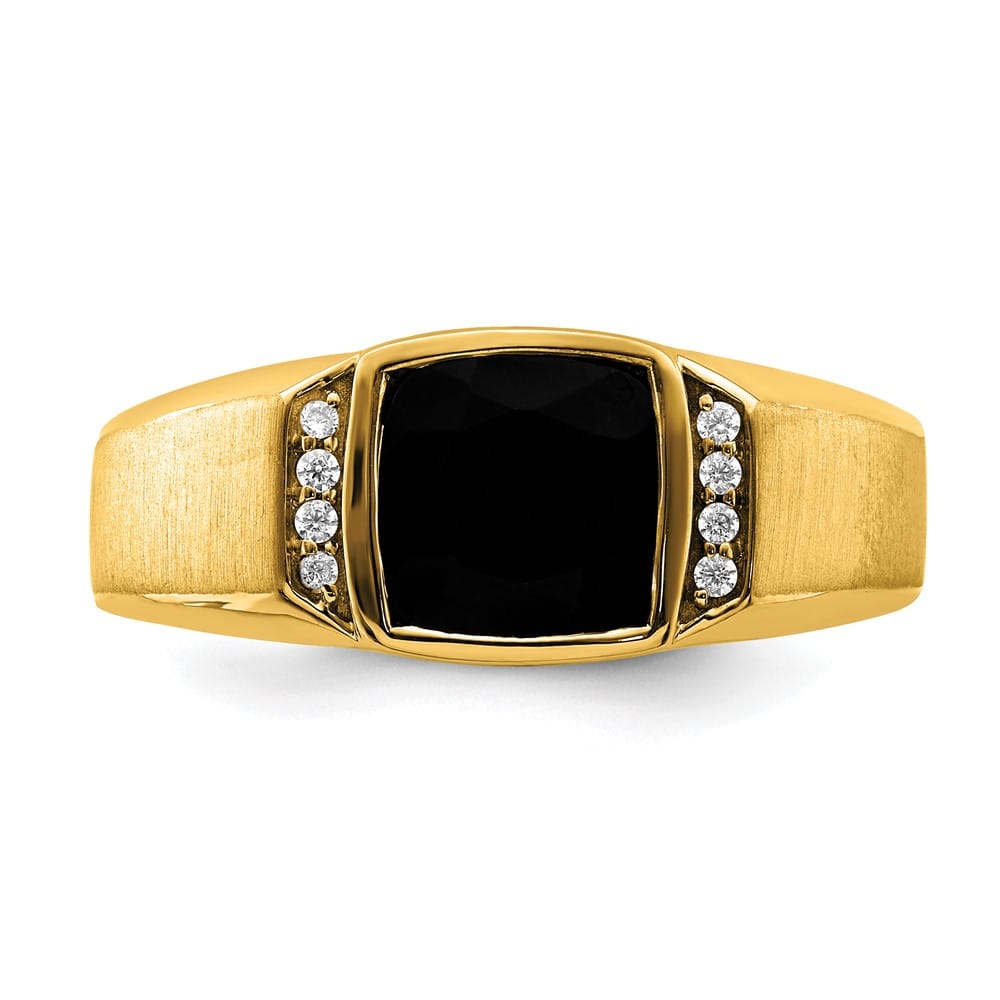 14k Yellow Gold 2.8 mm IB Goodman 8 mm Cushion Onyx Diamond Men's Ring