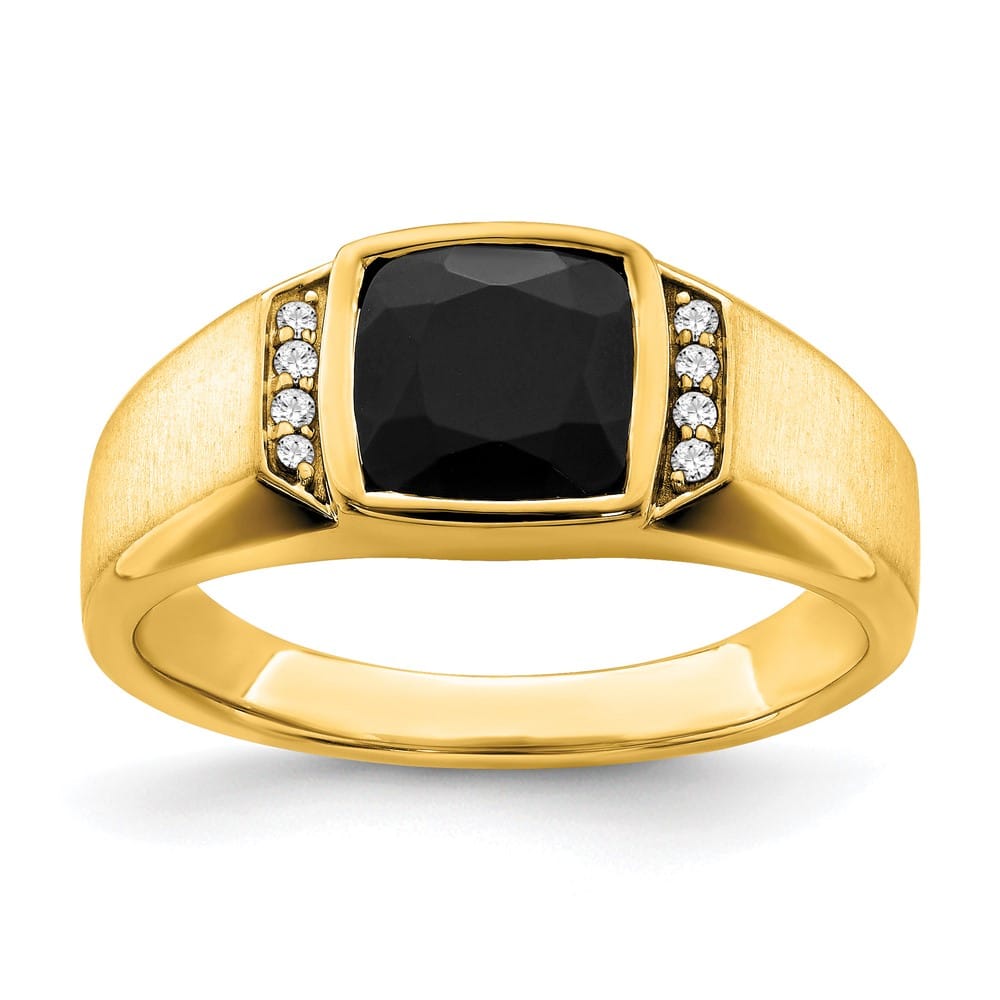 14k Yellow Gold 2.8 mm IB Goodman 8 mm Cushion Onyx Diamond Men's Ring