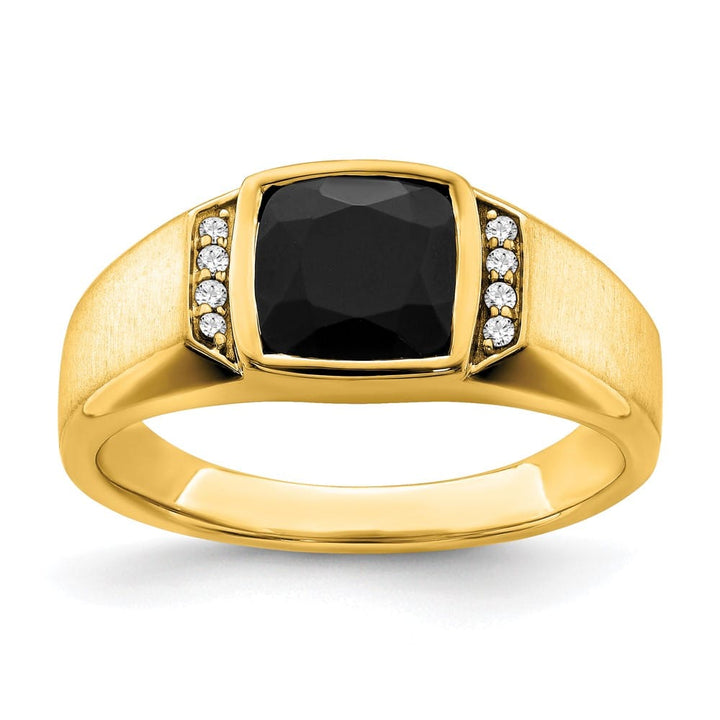 14k Yellow Gold 2.8 mm IB Goodman 8 mm Cushion Onyx Diamond Men's Ring