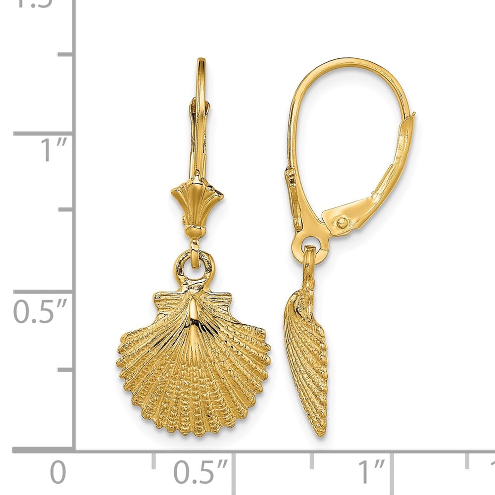 14K Yellow Gold 2-D and Textured Scallop Shell Leverback Earrings, view 4 of 4