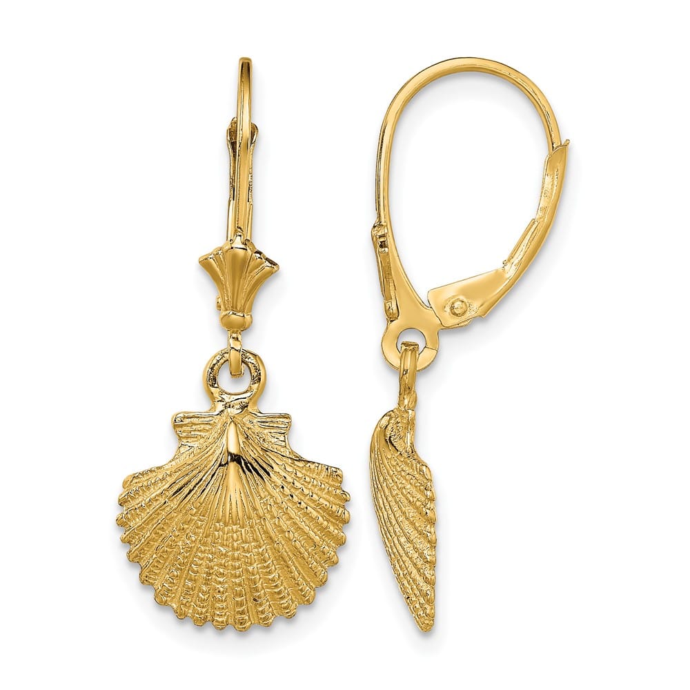 14K Yellow Gold 2-D and Textured Scallop Shell Leverback Earrings, view 1 of 4