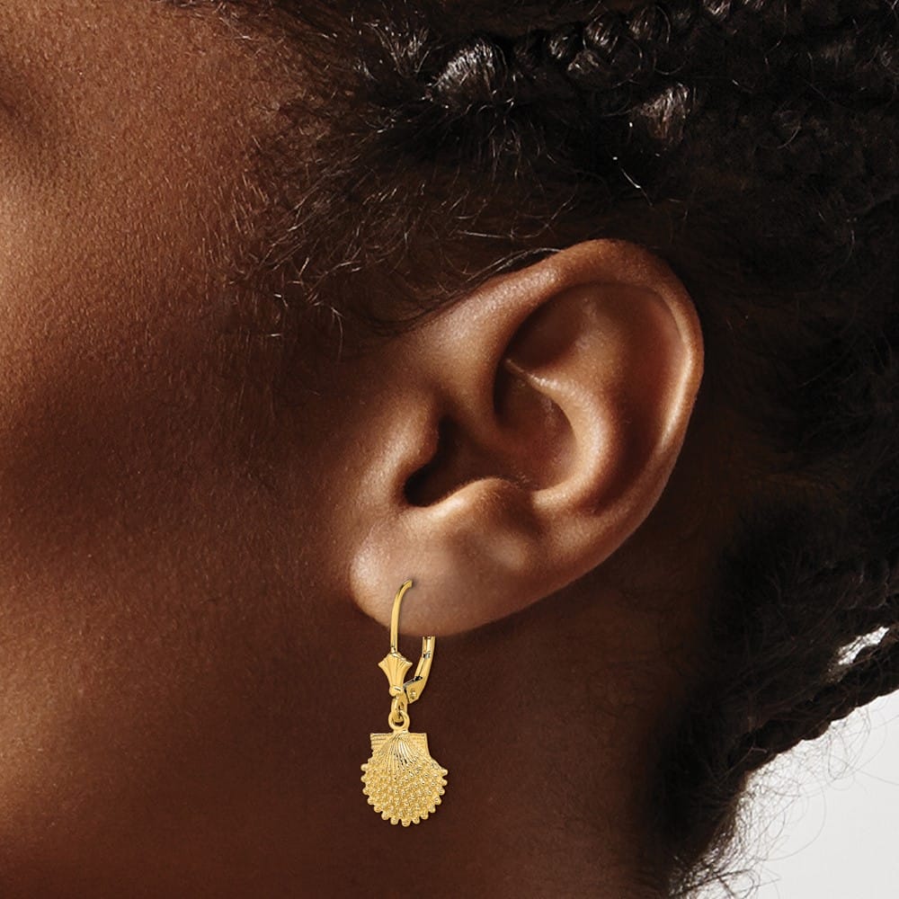 14K Yellow Gold 2-D Beaded Scallop Shell Leverback Earrings, view 3 of 4