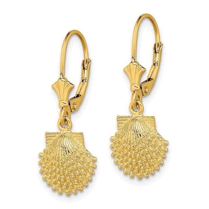 14K Yellow Gold 2-D Beaded Scallop Shell Leverback Earrings, view 2 of 4