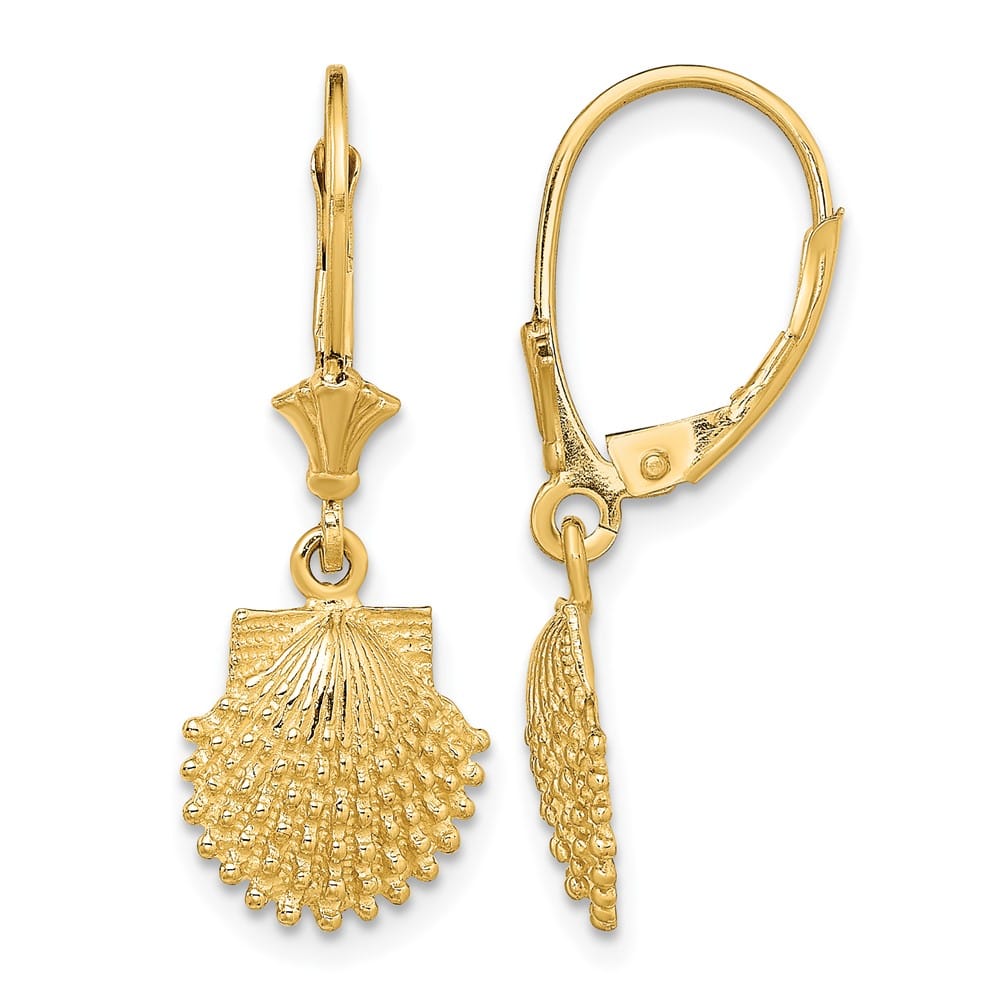 14K Yellow Gold 2-D Beaded Scallop Shell Leverback Earrings, view 1 of 4