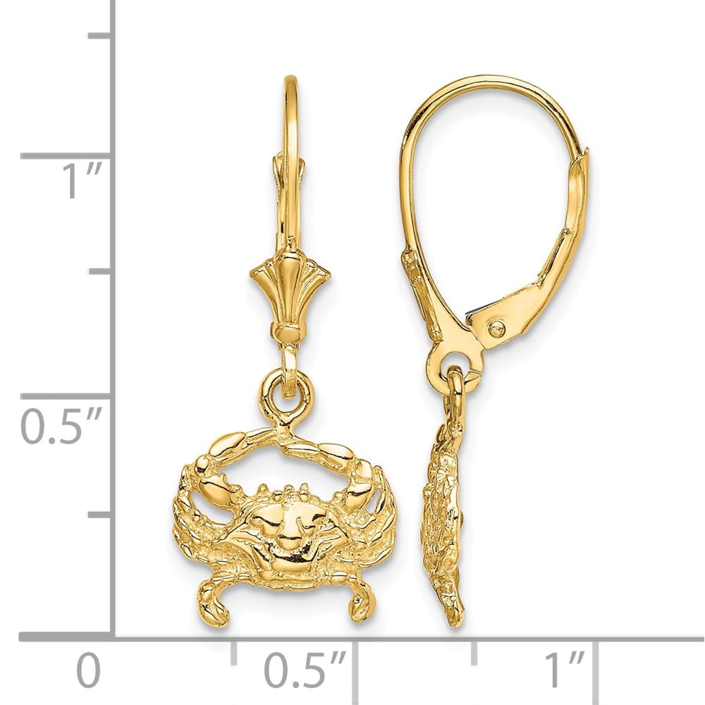 14K Yellow Gold 2-D Blue Crab Dangle Leverback Earrings, view 4 of 4