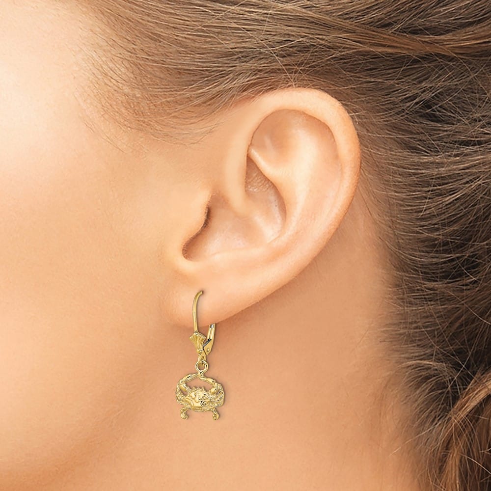 14K Yellow Gold 2-D Blue Crab Dangle Leverback Earrings, view 3 of 4