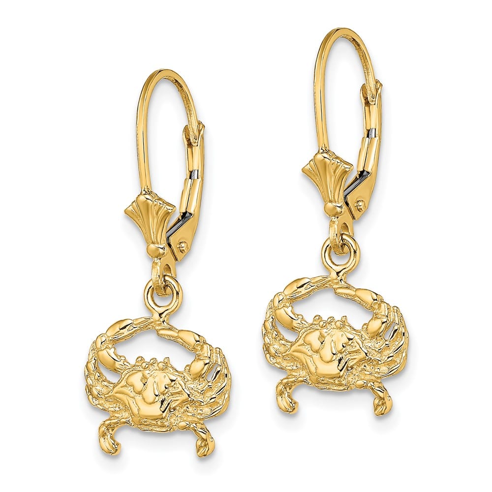 14K Yellow Gold 2-D Blue Crab Dangle Leverback Earrings, view 2 of 4