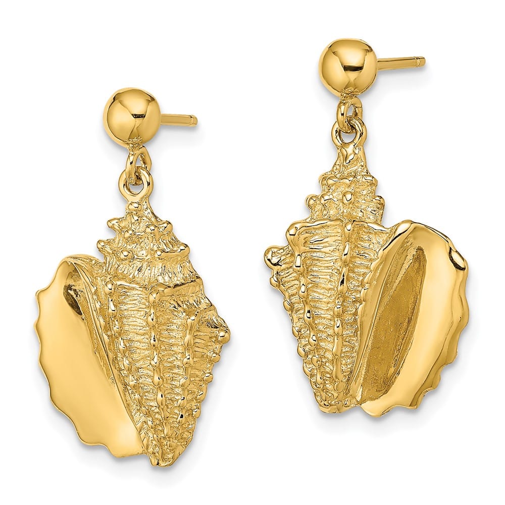 14K Yellow Gold 2-D Conch Shell Dangle Post Earrings, view 2 of 4