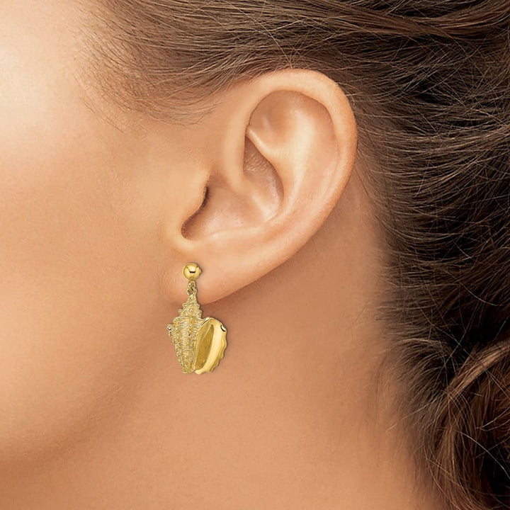 14K Yellow Gold 2-D Conch Shell Dangle Post Earrings, view 3 of 4