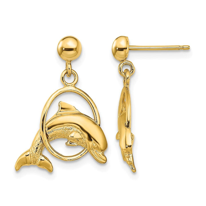 14K Yellow Gold 2-D Dolphin Jumping Through Hoop Dangle Post Earrings, view 1 of 4