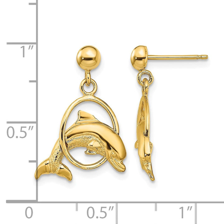 14K Yellow Gold 2-D Dolphin Jumping Through Hoop Dangle Post Earrings, view 4 of 4