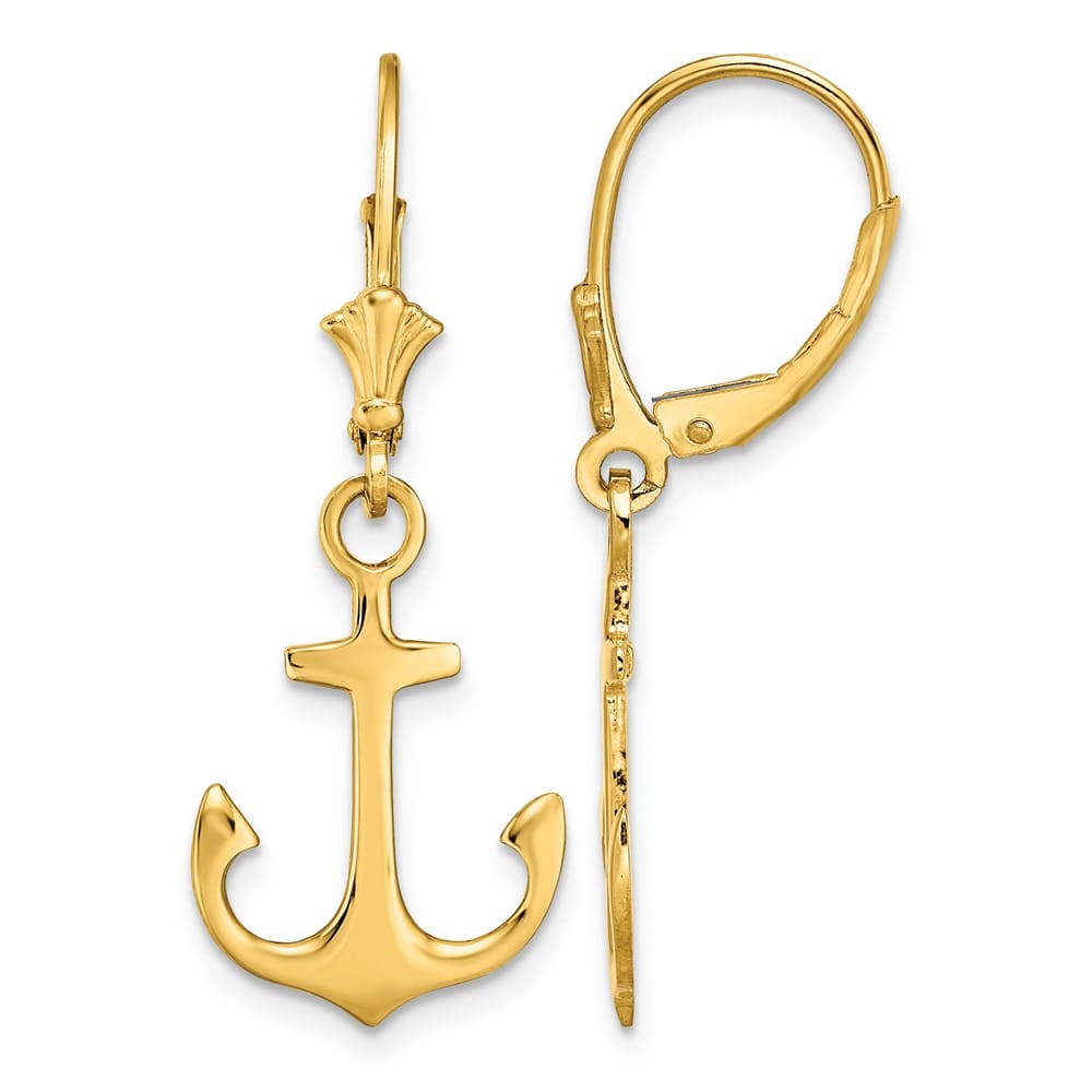 14K Yellow Gold 2-D Polished Anchor Dangle Leverback Earrings, view 1 of 4