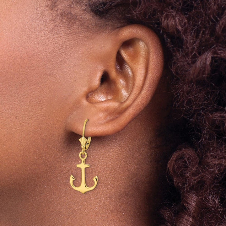 14K Yellow Gold 2-D Polished Anchor Dangle Leverback Earrings, view 3 of 4
