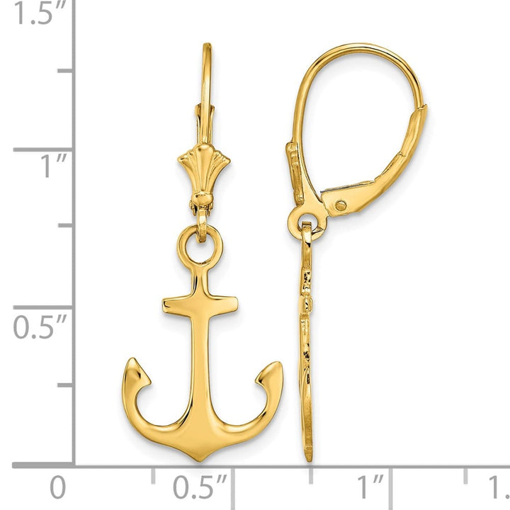 14K Yellow Gold 2-D Polished Anchor Dangle Leverback Earrings, view 4 of 4