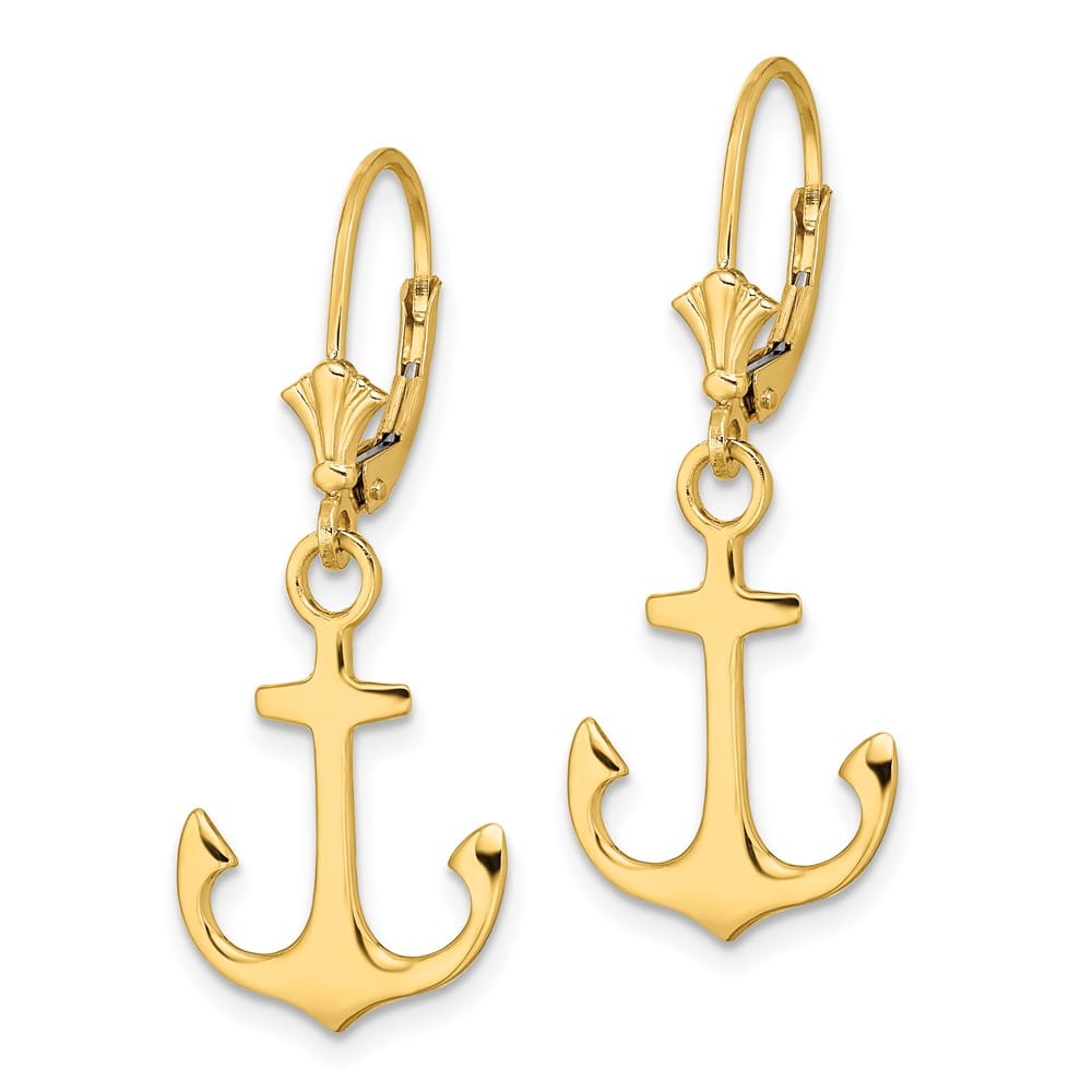 14K Yellow Gold 2-D Polished Anchor Dangle Leverback Earrings, view 2 of 4