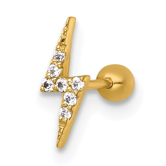 14K Yellow Gold 21 Gauge Polished CZ Lightning Bolt Labret Stud