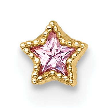 14K Yellow Gold 22 Gauge Polished and Beaded Pink CZ Star Labret Stud