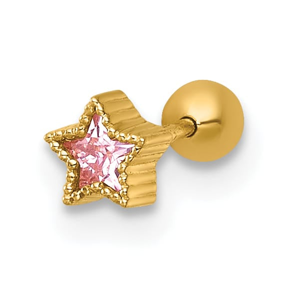 14K Yellow Gold 22 Gauge Polished and Beaded Pink CZ Star Labret Stud