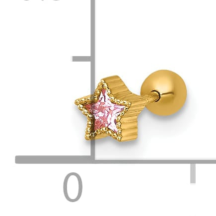14K Yellow Gold 22 Gauge Polished and Beaded Pink CZ Star Labret Stud