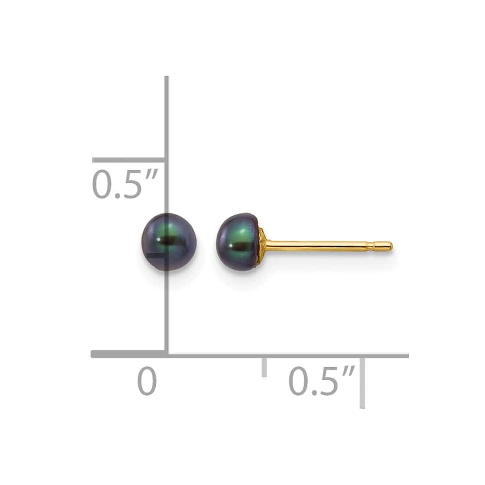 14K Yellow Gold 3-4mm Black Button Freshwater Pearl Stud Post Earrings