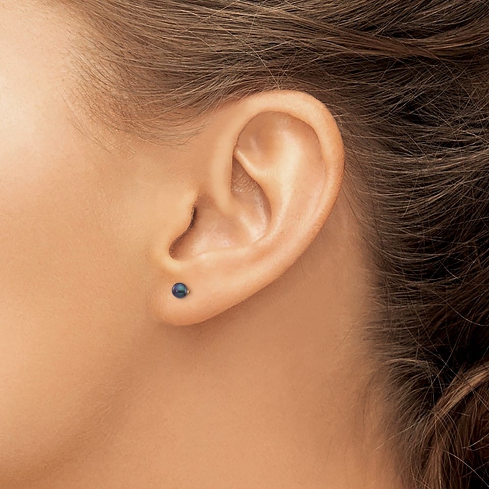 14K Yellow Gold 3-4mm Black Button Freshwater Pearl Stud Post Earrings