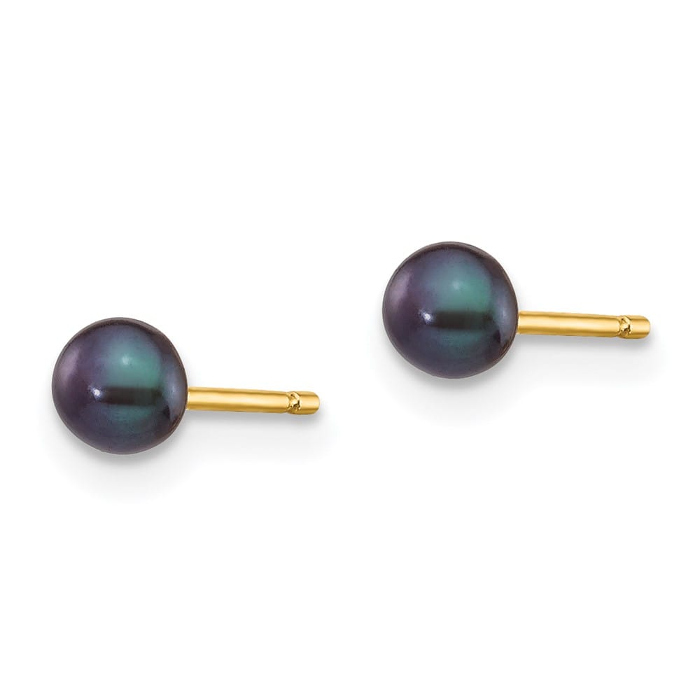 14K Yellow Gold 3-4mm Black Button Freshwater Pearl Stud Post Earrings