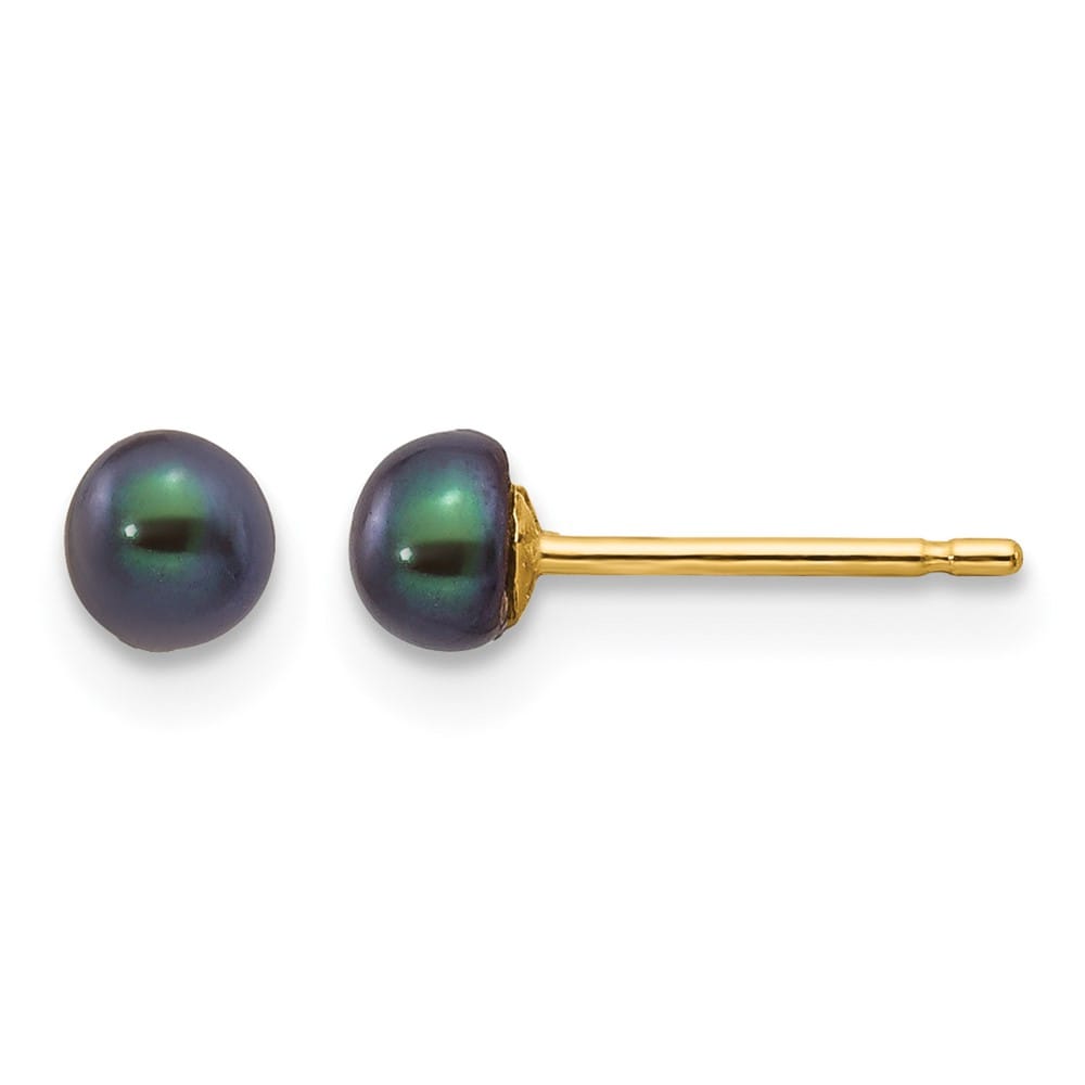 14K Yellow Gold 3-4mm Black Button Freshwater Pearl Stud Post Earrings