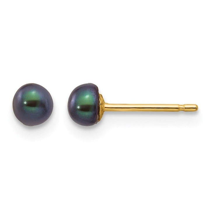 14K Yellow Gold 3-4mm Black Button Freshwater Pearl Stud Post Earrings