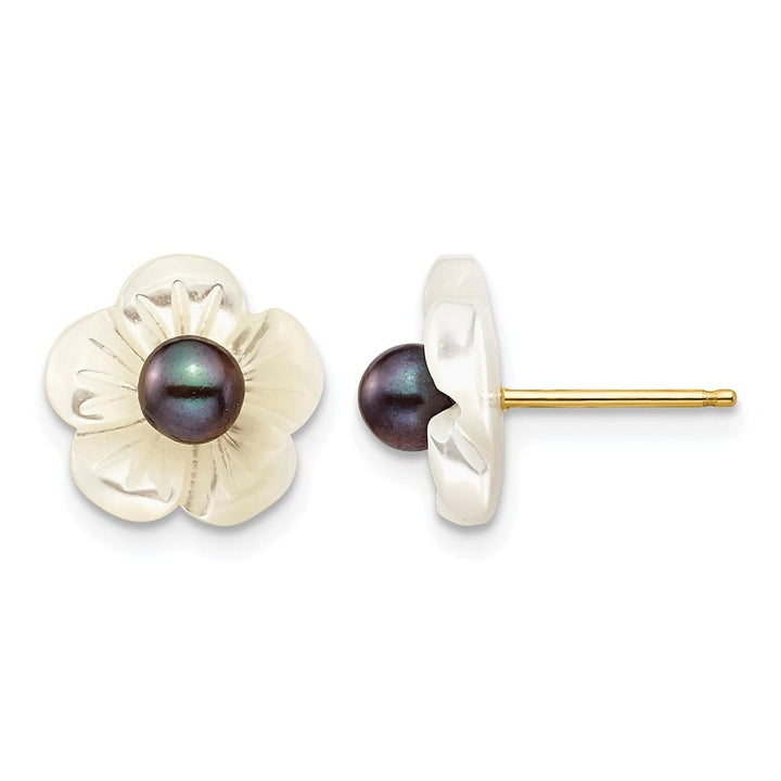 14K Yellow Gold 3-4mm Black Round Freshwater Pearl and 10 mm Earrings