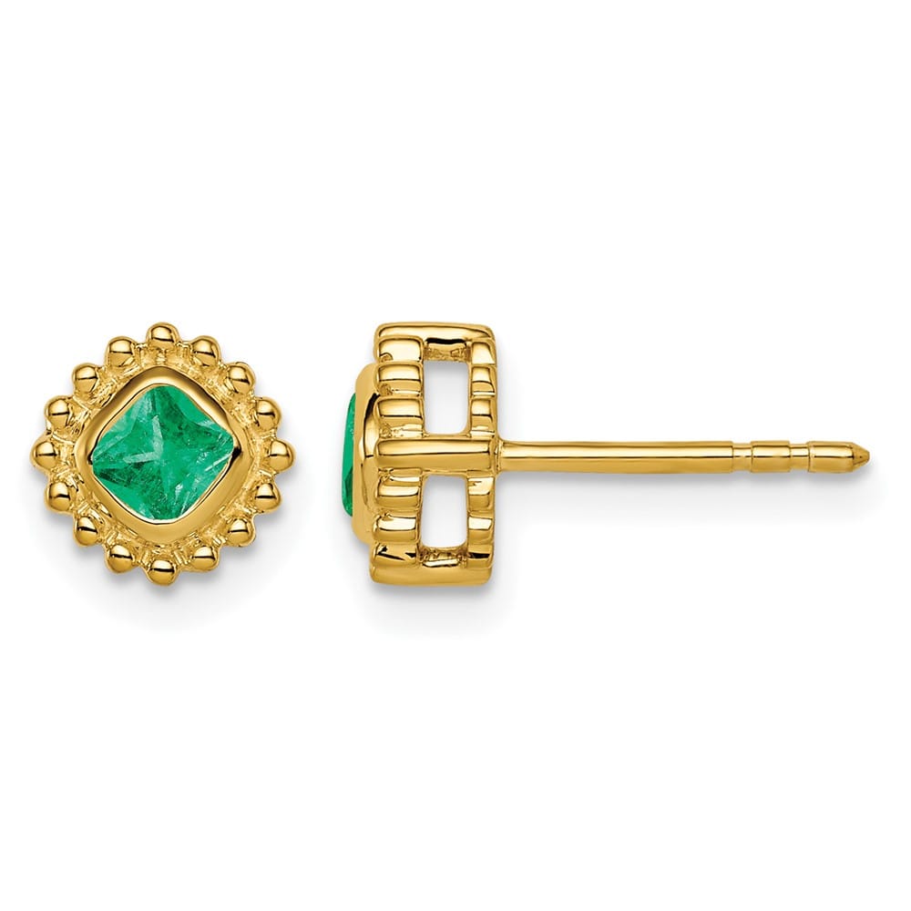 14K Yellow Gold 3.4mm Cushion Emerald Post Earrings, view 1 of 2